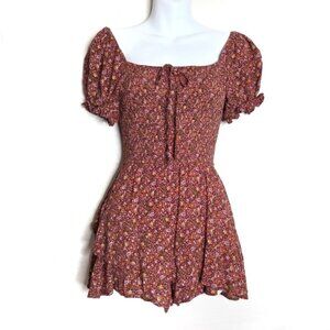 Altar'd Stater Red Floral Print Ruffled Smocked Romper Women's Suze Small